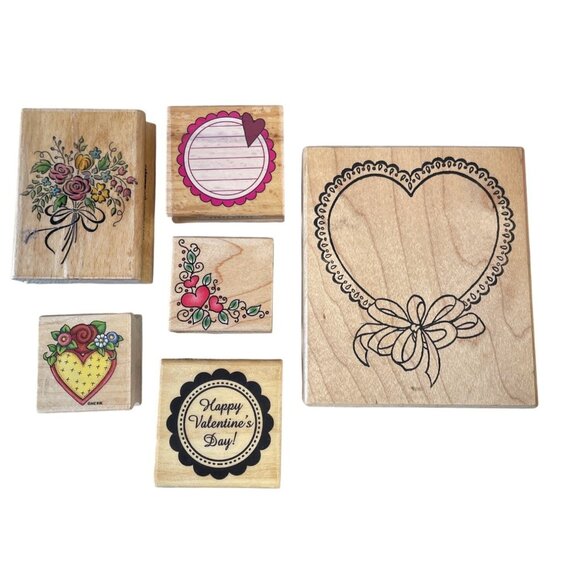 Assorted Rubber Stamp Set Wooden Blocks Valentines Day Floral Designs - Picture 1 of 2